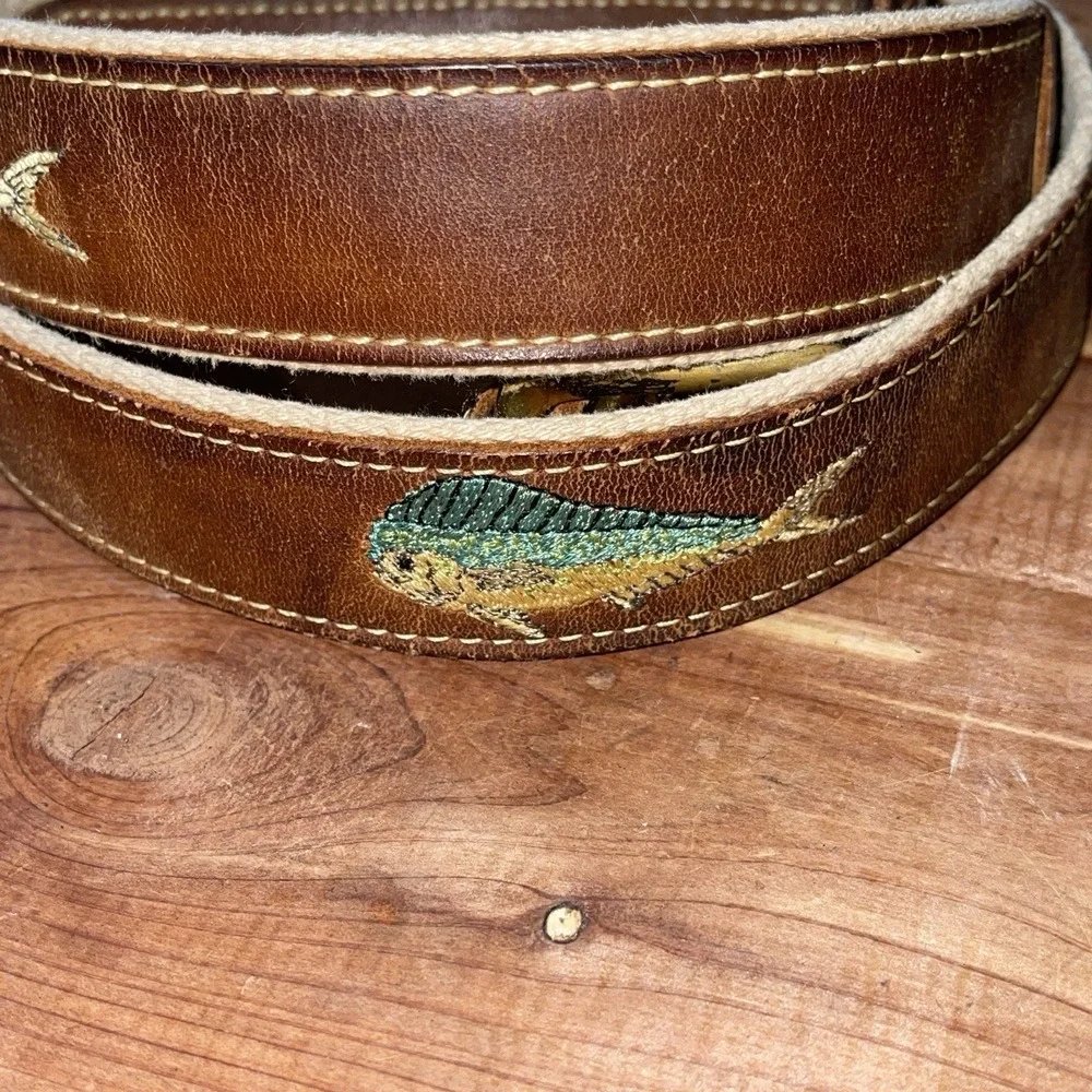 Fishing Belt 34-36 Leather Ends Embroidered Fish Mahi-Mahi Canvas Brass